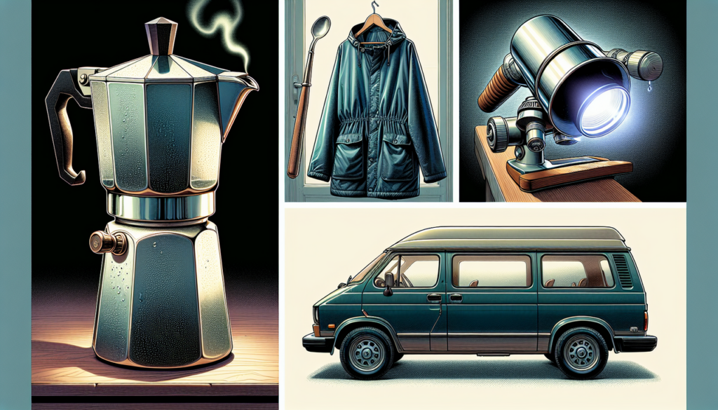Illustration détaillée : Moka pot, Macintosh (le manteau), Minivan et Microscope. Met en avant chaque caractéristique.