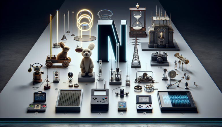 Ensemble d'inventions avec la lettre N exposées dans un musée moderne.