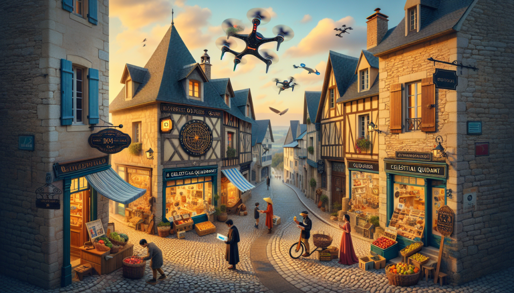 Illustration d'une rue française pittoresque avec des boutiques originales nommées d'après des inventions commençant par la lettre Q.