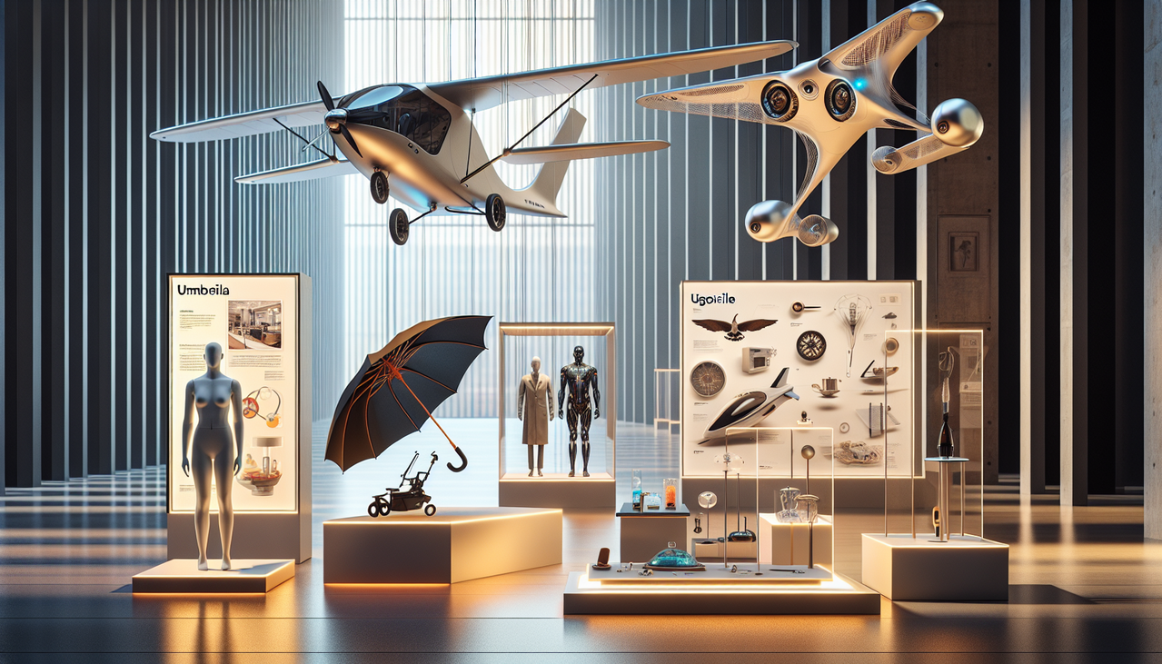 Créer une image d'inventions en forme de "U" dans un musée moderne.