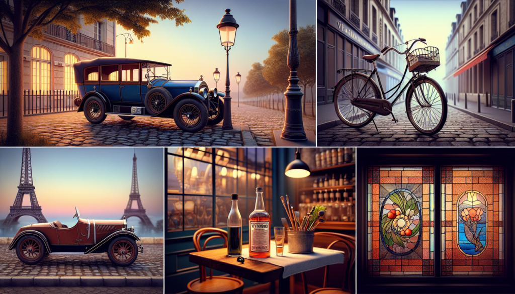 Illustration d'inventions françaises en V : Voiture, Vélo, Vitamine, Vitrail, sous un ciel vespéral chaleureux. Optimiser pour Google.