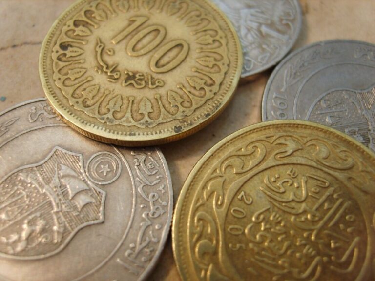 Un éventail composé de billets et pièces de dinar tunisien, représentant la monnaie nationale de la Tunisie.