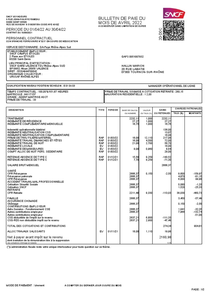 Bulletin de salaire brut net