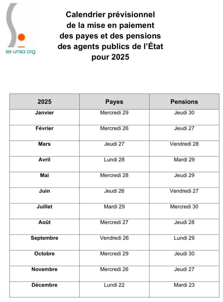 Calendrier officiel 2025 des salaires et pensions dans l’éducation nationale