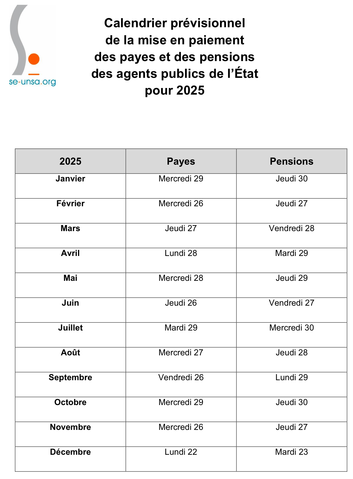 Calendrier officiel 2025 des salaires et pensions dans l’éducation nationale