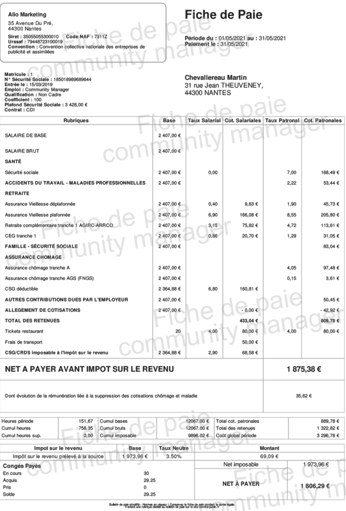 Exemple de fiche de paie montrant le passage du salaire brut au net