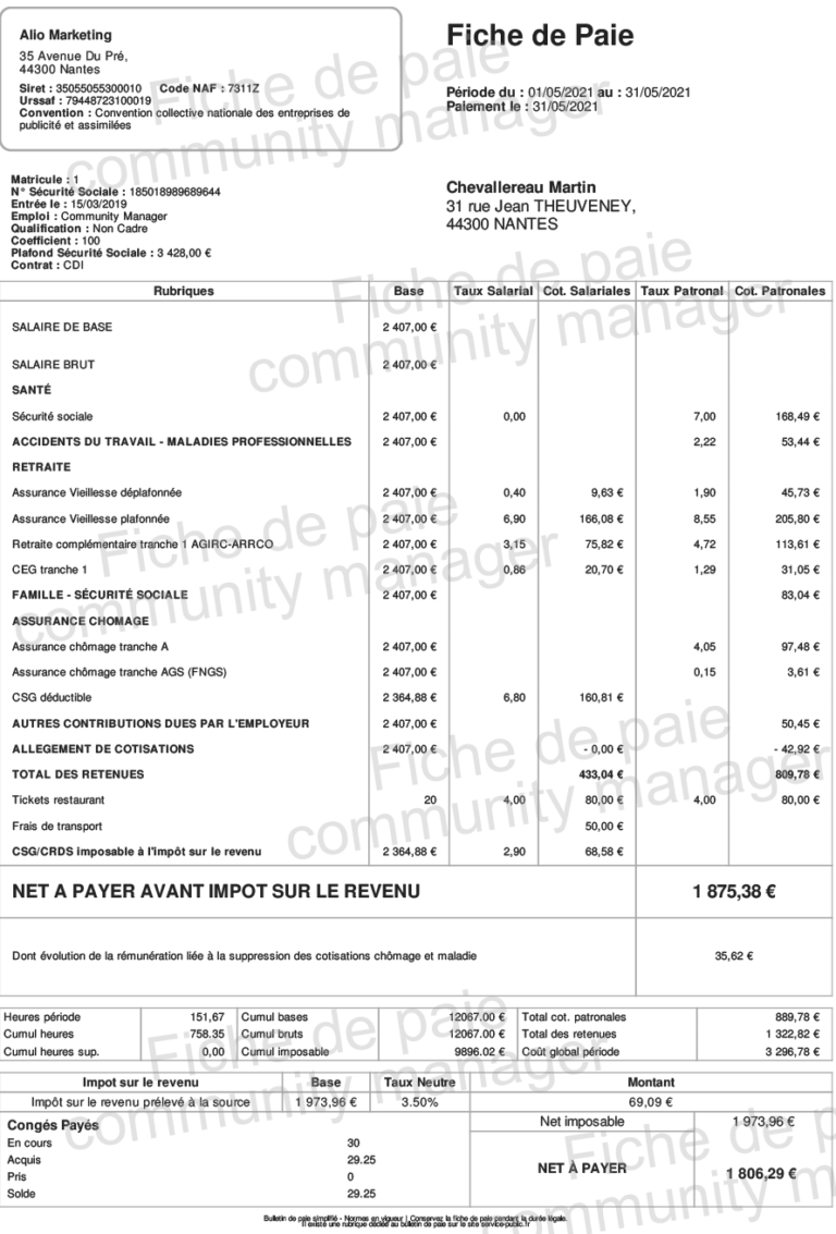 Exemple de fiche de paie montrant le passage du salaire brut au net