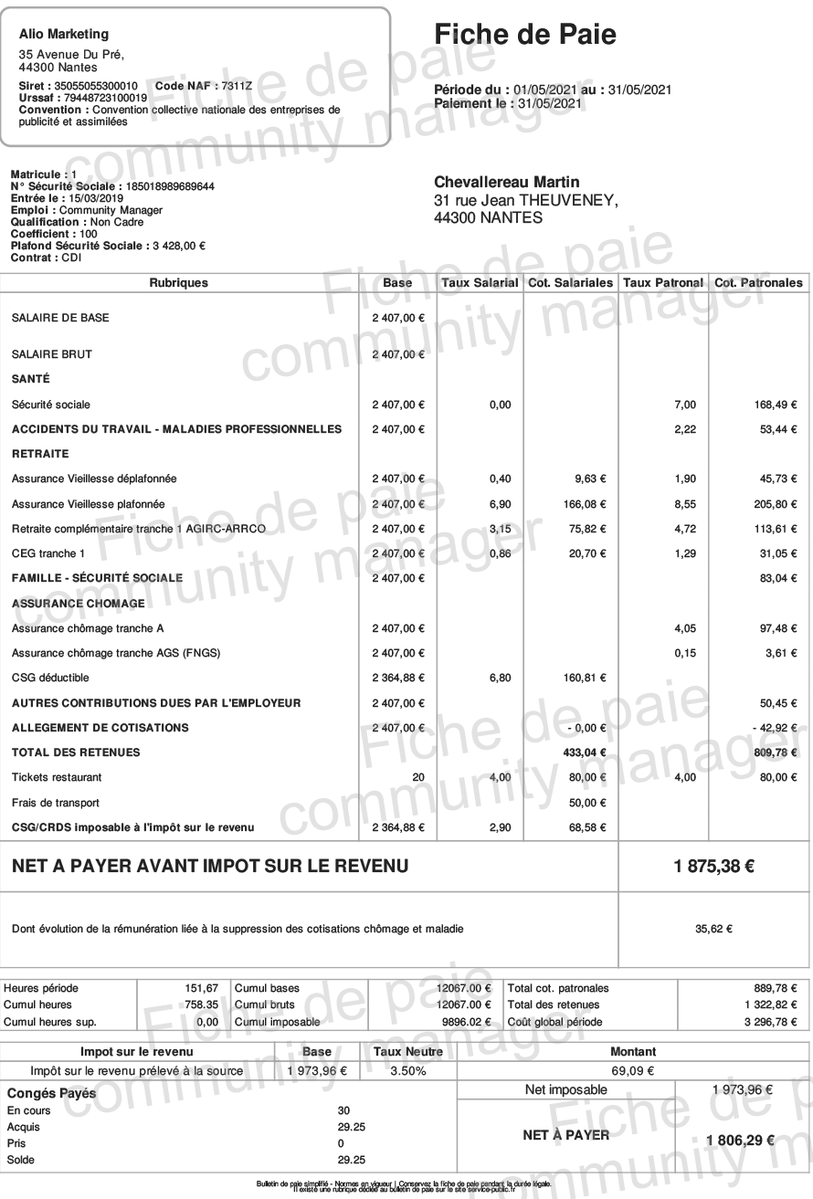Exemple de fiche de paie montrant le passage du salaire brut au net