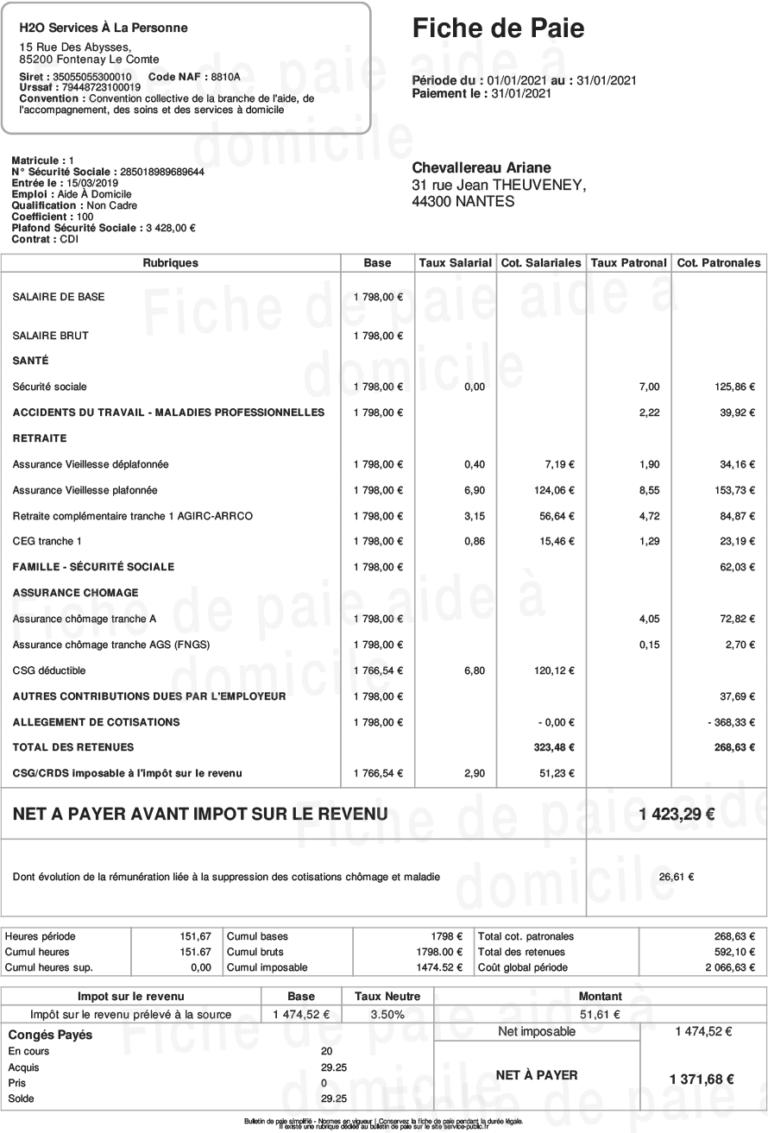 Exemple d'une fiche de paie illustrant la conversion d'un salaire brut en net