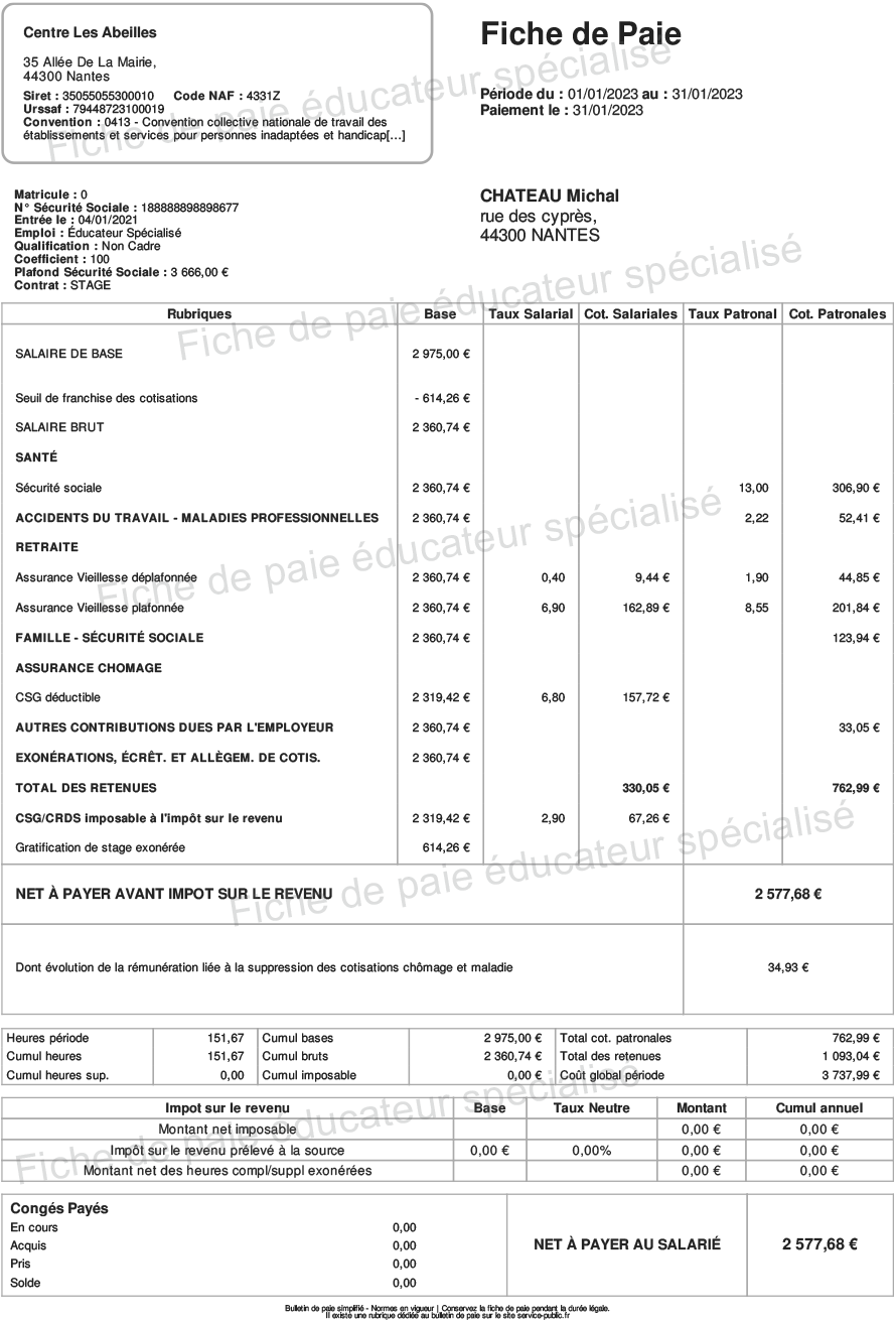 fiche de paie educateur specialise convention collective 66