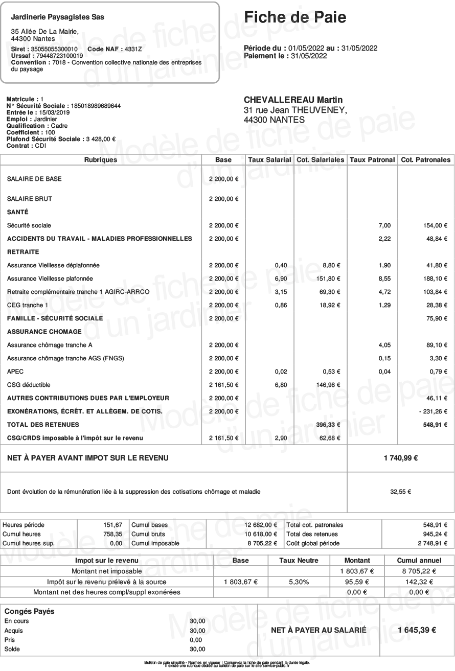 Fiche de paie jardinier paysagiste 2025