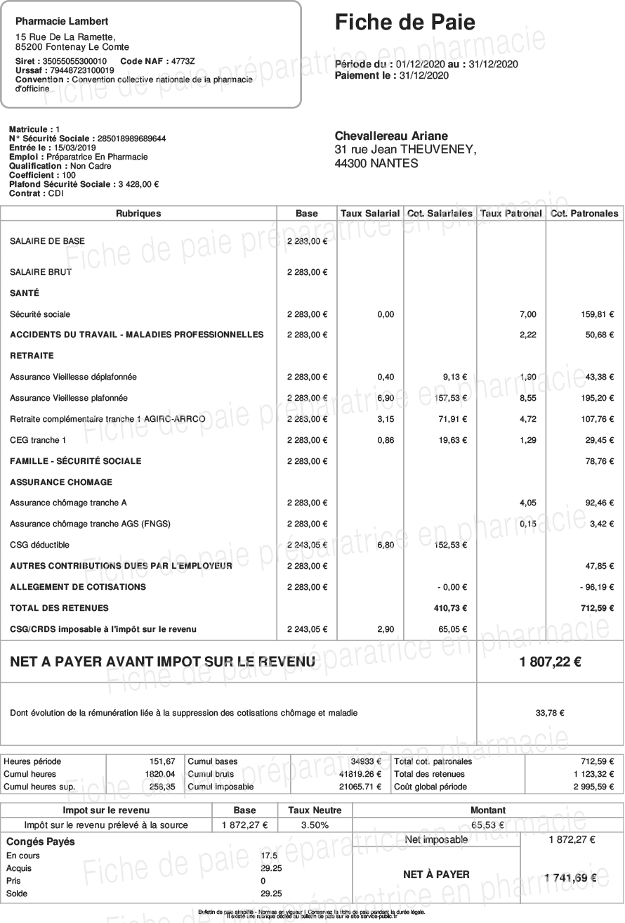 fiche de paie préparateur pharmacie