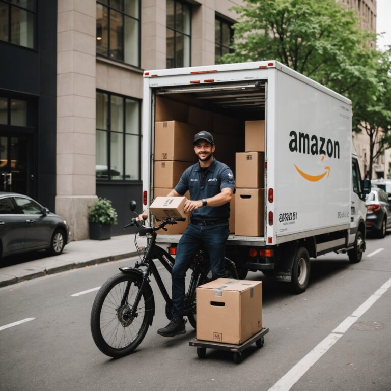 Un livreur Amazon en uniforme souriant près de sa camionnette de livraison, illustrant le sujet du salaire réel en 2024