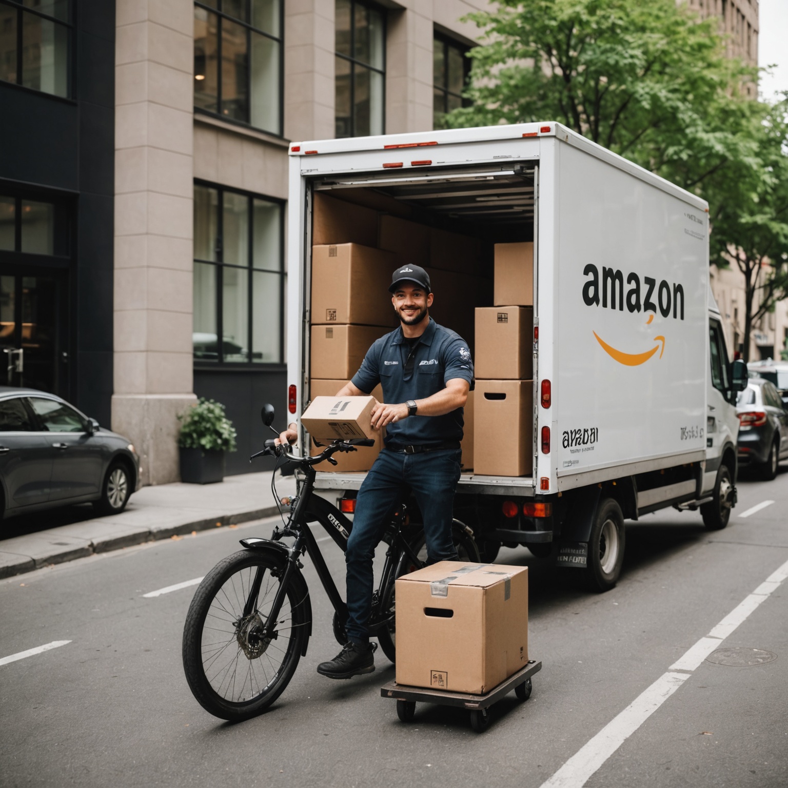 Un livreur Amazon en uniforme souriant près de sa camionnette de livraison, illustrant le sujet du salaire réel en 2024
