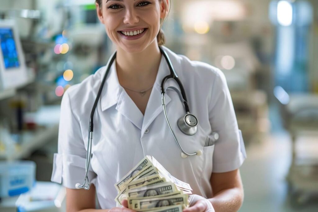 Infirmière en blouse souriante en milieu hospitalier en Suisse avec graphique de salaire en arrière-plan