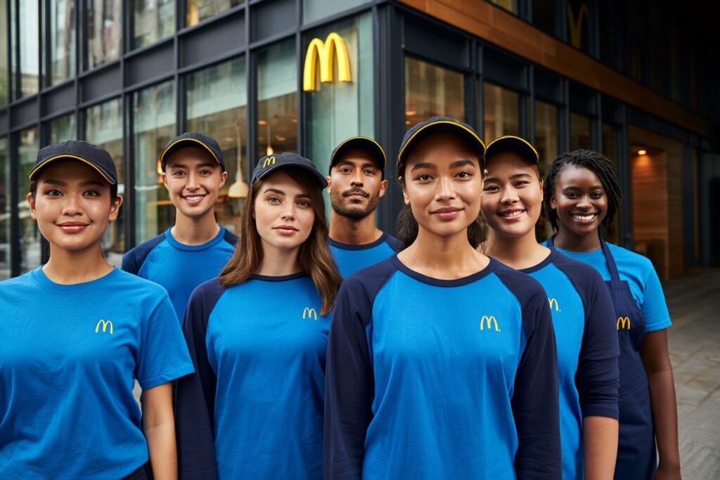 Jeune employé de 16 ans travaillant chez McDonald's avec un sourire, illustrant le premier emploi et le salaire débutant