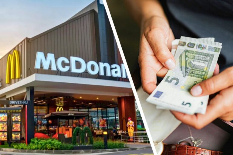Jeune employé étudiant travaillant chez McDo, illustration du salaire mensuel en 2025