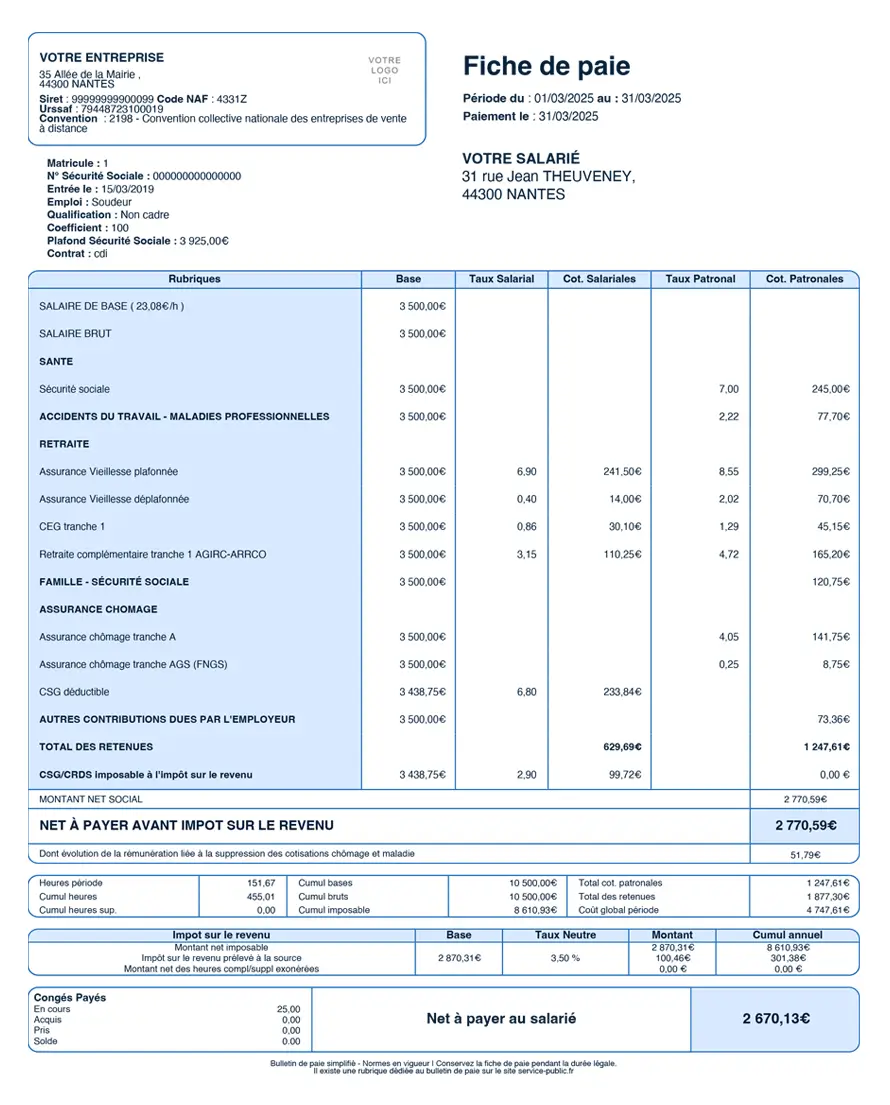 Simulation fiche de paie SMIC 1802 brut en net