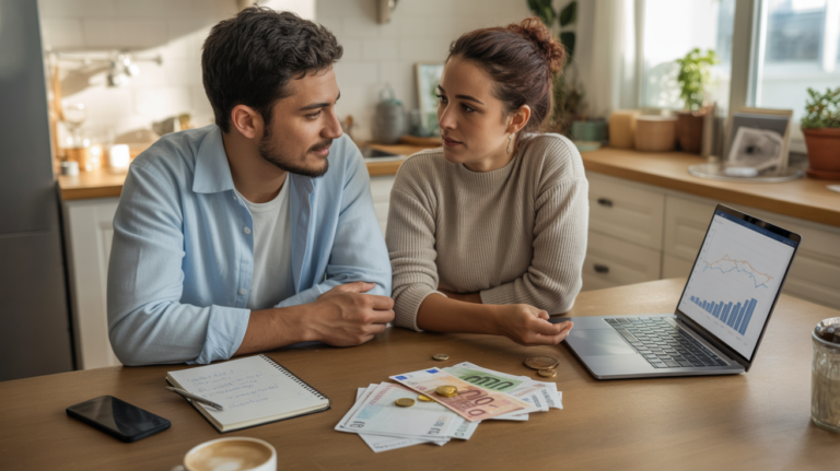 Couple réaliste assis à une table de cuisine, discutant de placements financiers avec un ordinateur portable montrant des graphiques, des billets d’euros et des notes manuscrites, dans un intérieur lumineux et naturel.