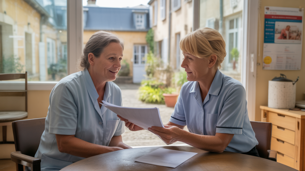Scène réaliste dans un établissement médico‑social français montrant un professionnel AMP ou AES accompagnant une personne lors d’un échange convivial autour de documents, dans un environnement lumineux et authentique.