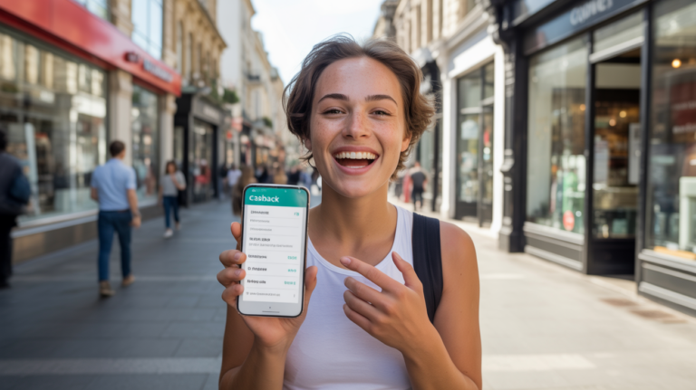 Scène réaliste d’une personne dans une rue commerçante recevant une notification de cashback sur son smartphone après un achat.