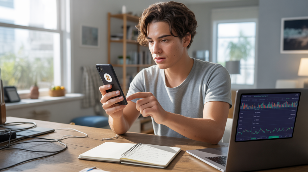 Personne achetant du Bitcoin pour la première fois en 2026 sur son smartphone dans un appartement réaliste et lumineux.
