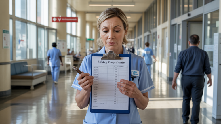 Aide-soignante examinant un document dans un couloir d’hôpital français, dans une scène réaliste et naturelle illustrant l’évolution de carrière en 2026.