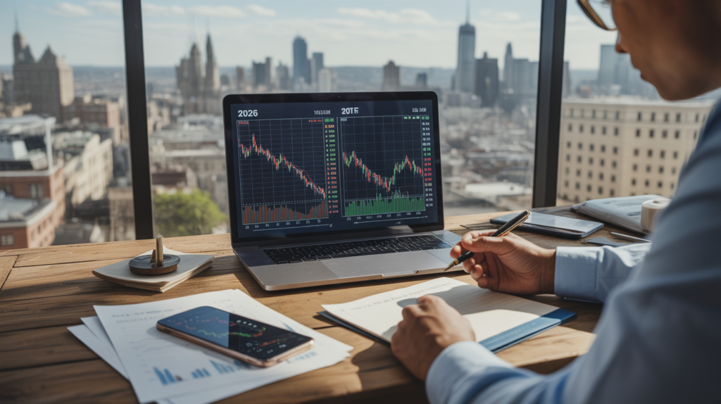 Scène réaliste d’un bureau moderne avec un investisseur analysant des graphiques financiers pour comparer actions et ETF.