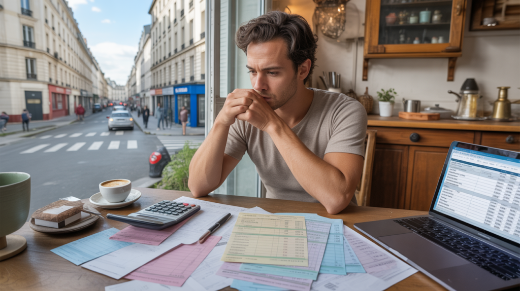 Jeune actif français assis à sa table de cuisine en train de vérifier ses fiches de paie et son budget, dans un appartement réaliste avec vue sur une rue parisienne.