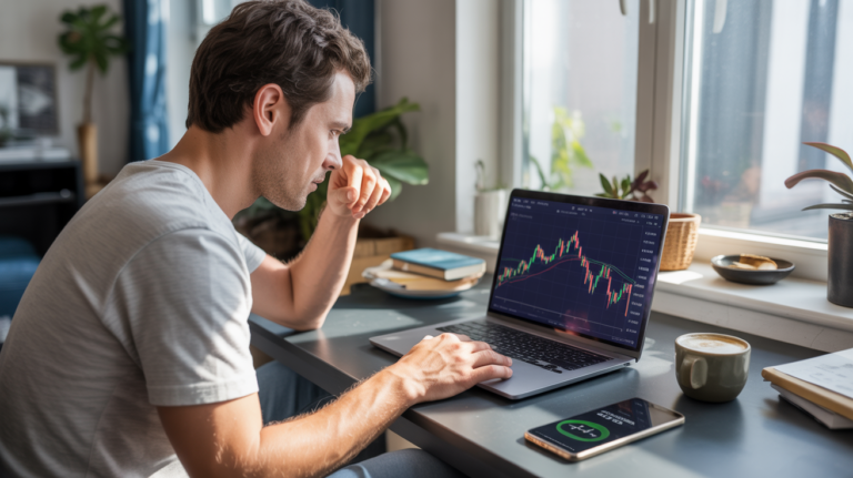 Personne analysant des graphiques cryptos dans un appartement lumineux au décor naturel et réaliste.