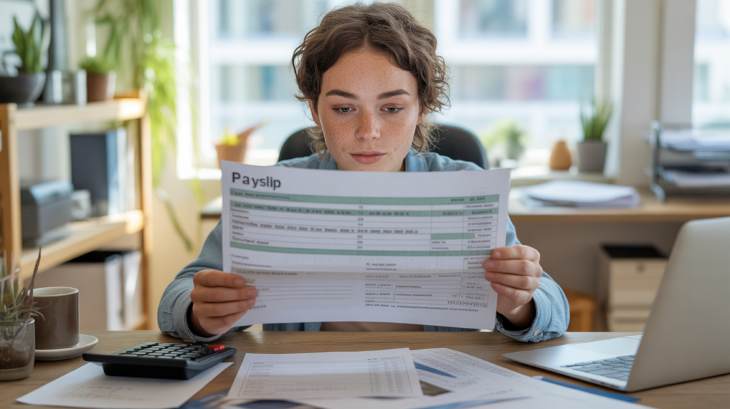 Scène réaliste d’un jeune professionnel examinant une fiche de paie sur un bureau éclairé par la lumière naturelle, avec un environnement de bureau authentique en arrière-plan.
