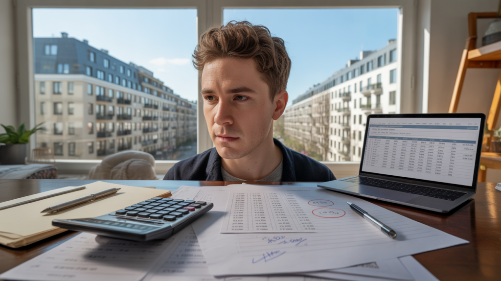 Jeune investisseur analysant des documents et un calculateur devant une fenêtre donnant sur des immeubles résidentiels réels, scène réaliste et naturelle illustrant le calcul du rendement locatif.