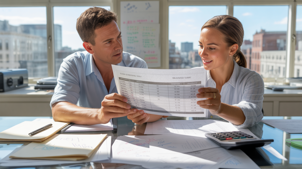 Scène réaliste dans un bureau moderne où un professionnel des ressources humaines et un salarié analysent ensemble des documents de salaire avec tableaux et pourcentages.
