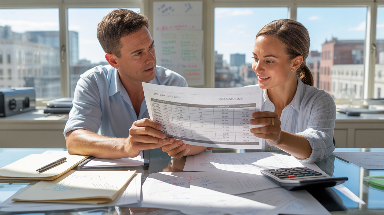 Scène réaliste dans un bureau moderne où un professionnel des ressources humaines et un salarié analysent ensemble des documents de salaire avec tableaux et pourcentages.
