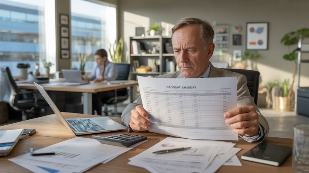 Scène de bureau réaliste montrant un cadre analysant des documents financiers sur un bureau moderne dans un open space lumineux.