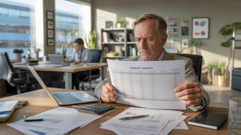Scène de bureau réaliste montrant un cadre analysant des documents financiers sur un bureau moderne dans un open space lumineux.