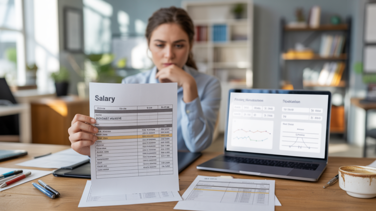 Scène réaliste dans un bureau moderne avec une personne consultant une fiche de paie et une simulation de salaire sur un ordinateur.