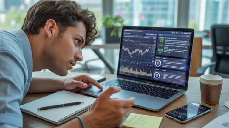 Scène réaliste d’un professionnel analysant une crypto dans un bureau moderne avec graphiques et documents.