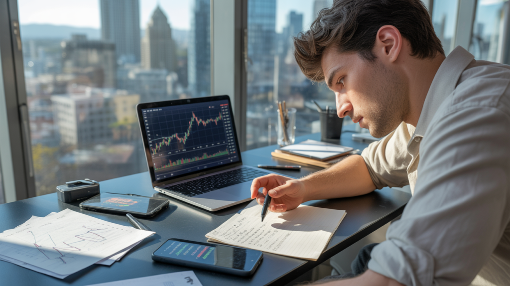 Analyste travaillant sur des graphiques crypto dans un bureau lumineux avec vue sur une ville réelle.