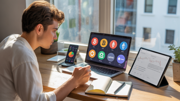 Scène réaliste d’un professionnel analysant un portefeuille crypto diversifié sur plusieurs appareils dans un appartement moderne, avec lumière naturelle et détails authentiques.