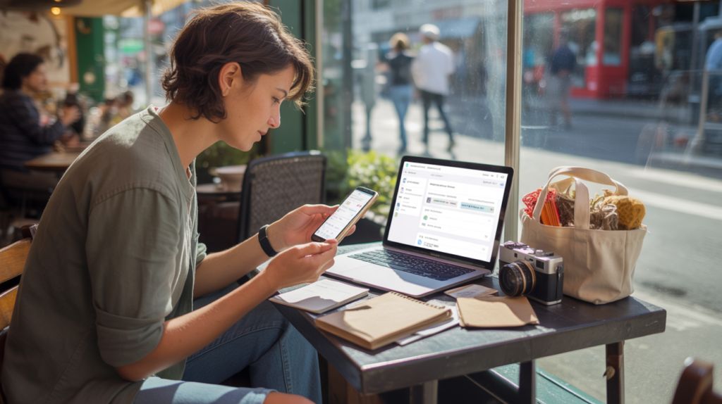 Scène réaliste d’une personne dans un café travaillant sur des petites activités pour arrondir ses fins de mois, avec ordinateur, smartphone et objets artisanaux dans un décor urbain naturel.