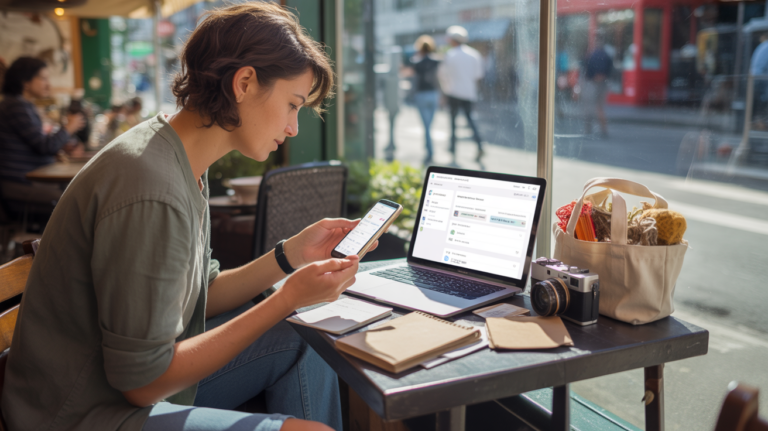 Scène réaliste d’une personne dans un café travaillant sur des petites activités pour arrondir ses fins de mois, avec ordinateur, smartphone et objets artisanaux dans un décor urbain naturel.