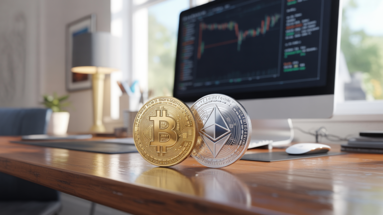 Scène réaliste montrant des pièces physiques de Bitcoin et d’Ethereum posées sur un bureau en bois dans un espace de travail naturel, avec un ordinateur en arrière-plan affichant des graphiques liés à la blockchain.