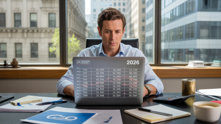 Scène de bureau réaliste montrant un cadre analysant un calcul de salaire brut en net sur un ordinateur dans un environnement professionnel authentique.