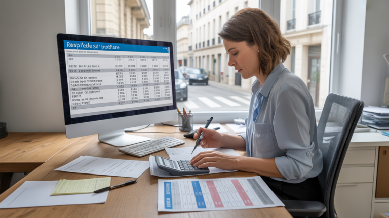 Scène réaliste dans un bureau français où un spécialiste de la paie calcule un salaire brut en net avec heures supplémentaires sur un ordinateur et des documents.