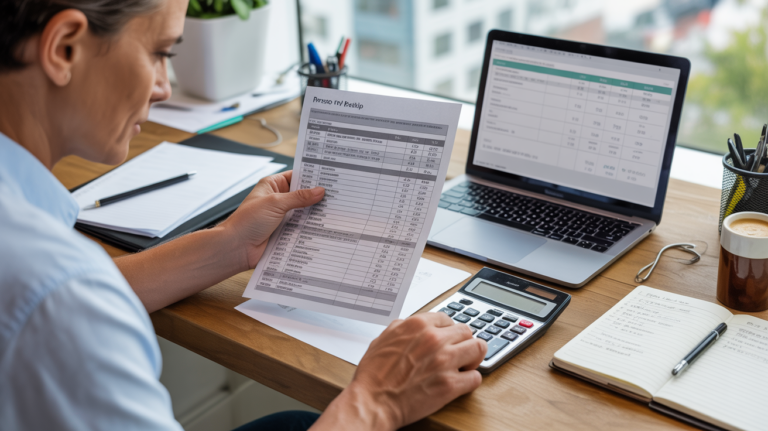 Scène de bureau réaliste où une personne calcule le passage du salaire brut au net avec une fiche de paie et un ordinateur.