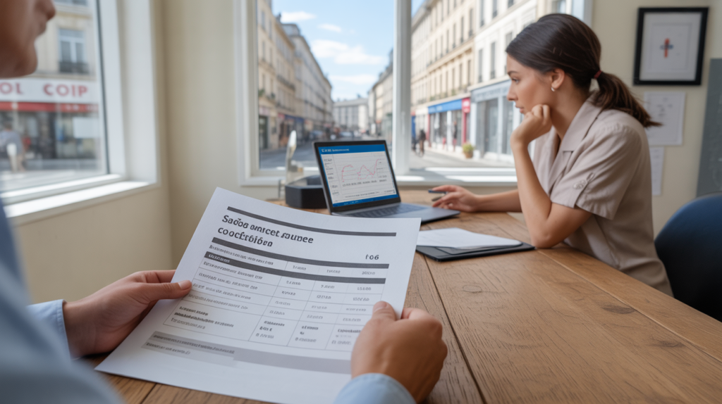 Scène réaliste dans un bureau de services sociaux en France où un conseiller RH analyse un calcul de salaire avec un employé, dans une ambiance lumineuse et authentique.