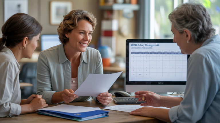 Scène réaliste dans un établissement social français, montrant un chef de service travaillant avec son équipe autour de documents administratifs, dans une ambiance naturelle et authentique.