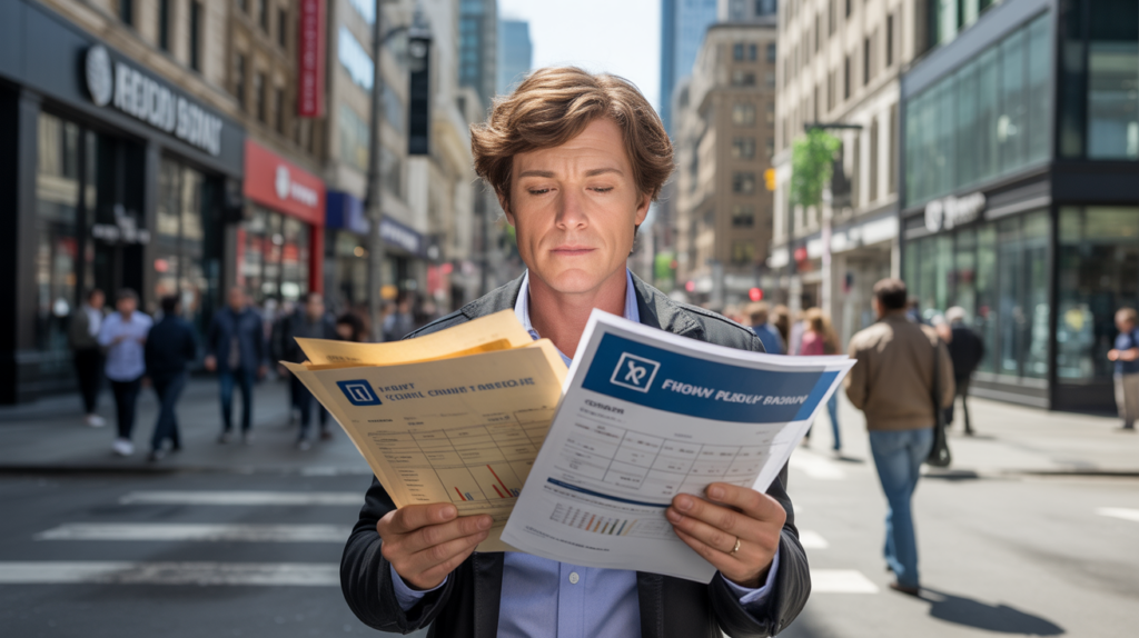 Personne consultant des brochures bancaires dans une rue urbaine réaliste devant de vraies banques.