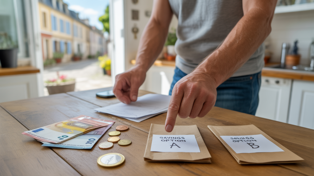 Personne examinant ses économies sur une table de cuisine avec des euros et des dossiers de choix d’épargne, dans un intérieur français lumineux et réaliste.